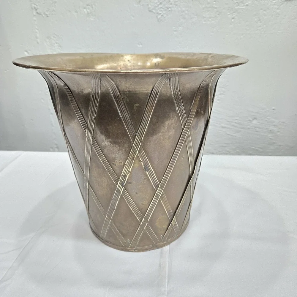 Vtg Brass Lattice‎ Overlay Planter Wastebasket 11